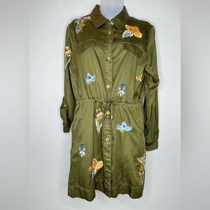 Chico’s Olive Green Embroidered‎ Shirt Dress 1/M Floral Butterfly Utility Style